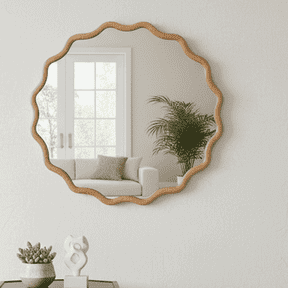 Resenkos Creative Curved Round Solid Wood Wall Mirror, HD Clear Reflection Decor Mirror for Entryway, Living Room, Bathroom & Master Bedroom, Natural Wood
