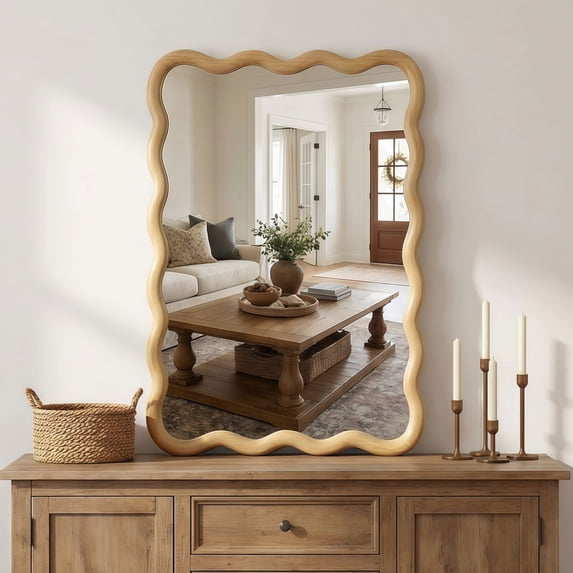 Resenkos Curved Rectangle Wooden Frame Wall Mirror, HD Tempered Glass Vintage Accent Mirror for Bathroom, Entryway, Living Room & Master Bedroom, Oak