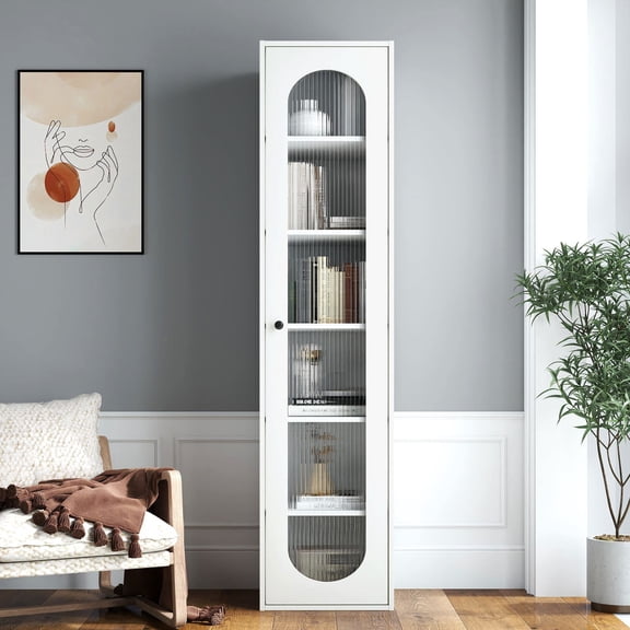 Resenkos High Narrow Exhibit Cabinet with Glass Panel, 6-Tier Storing Book Rack, Versatile Arranging Cupboard for Office, Bedroom, Kitchen and Sunroom, White