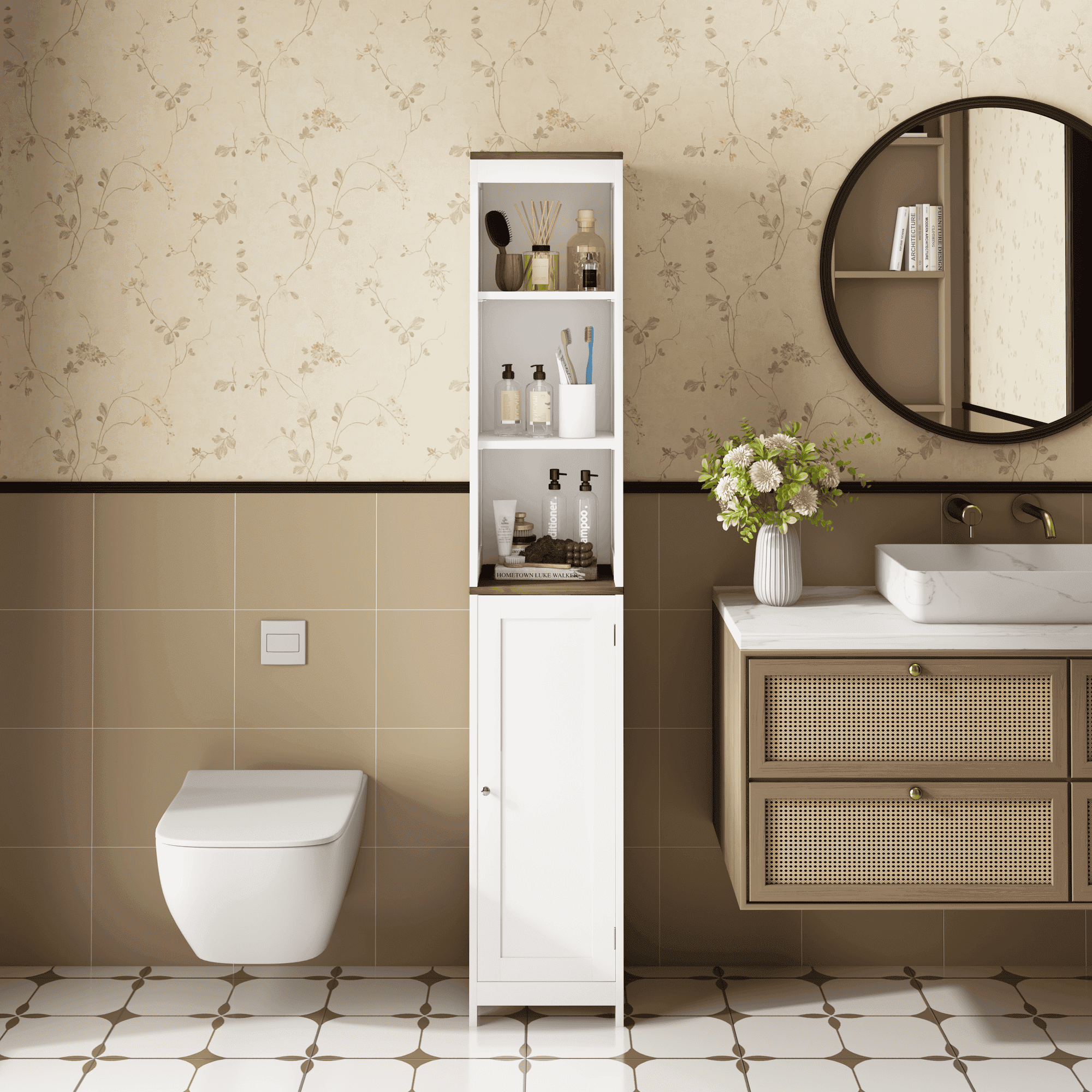 Reversible Panel Resenkos High Restroom Linen Cabinet with Reversible Panel & Open Racks ...