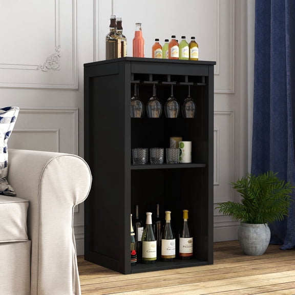 Resenkos Modular Wine Cabinet with Upper Hutch and Open Racks, Versatile Buffet Storage Cupboard, Chic Wine Organizer for Dining Space and Home Bar, Black