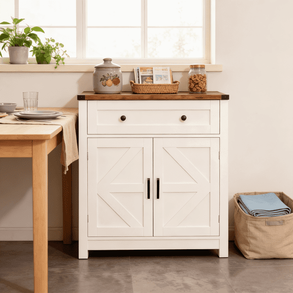 Resenkos Rustic Barn Door Organizer Cupboard, Country Sideboard Buffet with Storage Drawer, Multi-Functional Beverage Station for Kitchen and Family Room, White and Oak