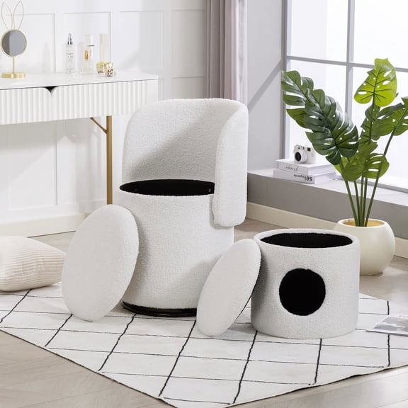 Resenkos Soft Padded Revolving Barrel Chair with Built In Storage, Multi Functional Vanity Seat for Bedroom Dining Room with Bonus Cat Stool, Beige