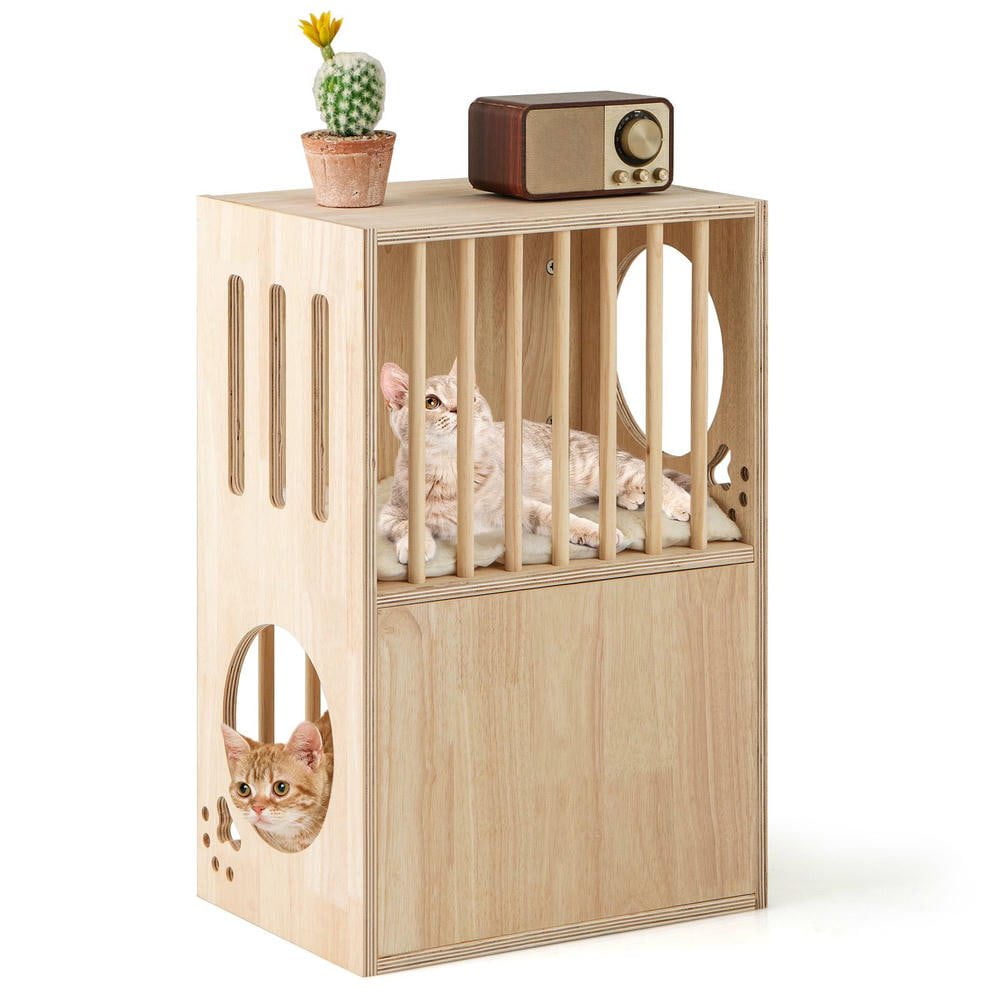 Resenkose 2-Tier Wooden Cat Condo Indoor Symmetrical Cat House with Removable Washable Cushions for Easy Cleaning, Natural​