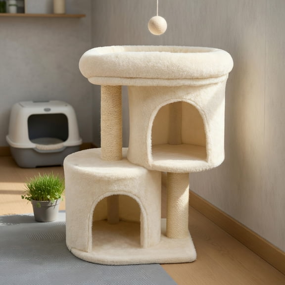 Resenkos 26-Inch Compact Cat Tower with Large Padded Push Perch and Dual Cozy Condos for Cat Napping, Beige