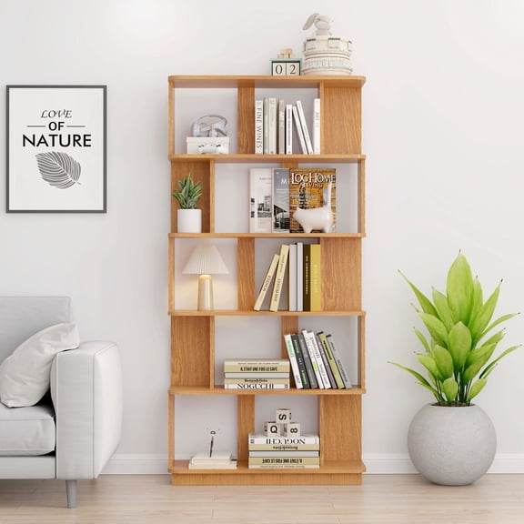 Resenkose 31.5 Inch Length 5 Tier Freestanding Bookcase, MDF Wood Decorative Storage Shelving with High Load Bearing, Multi Scene Organizer for Home and Office, Dark Oak