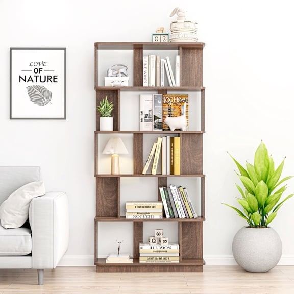 Resenkose 31.5x64.56 Inch Modern 5 Tier Open Bookcase, MDF Wood Freestanding Display Shelf with Large Storage, Anti Tipping and Rounded Corner for Home Office, Bedroom, Dark Brown