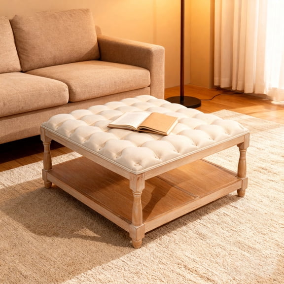 Resenkose 33-Inch Large Square Storage Ottoman, Tufted Linen Upholstered Coffee Table with Solid Wood Legs and Lower Storage Shelf, Farmhouse Style Furniture for Office, Bedroom, Beige