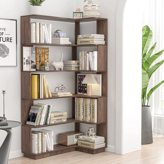 Resenkose 35.43 Inch Extended L Shaped Corner Bookshelf, Freestanding 5 Tier Wooden Storage Cabinet with Anti Drop Panel, Space Saving Organizer for Living Room, Home Office, Dark Brown