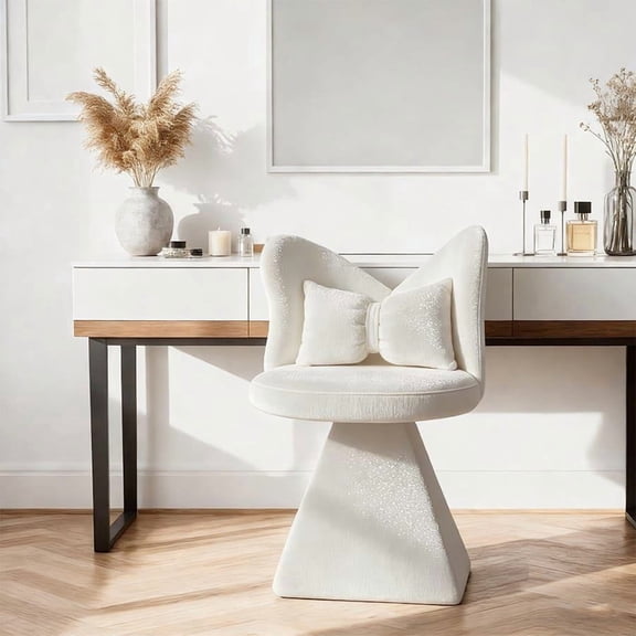 Resenkose 360° Swivel Vanity Chair with Butterfly Shape Back, Chenille Velvet Accent Chair for Dressing Room, Dining Room, Studio, White
