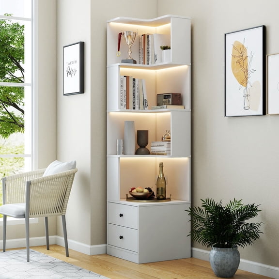 Resenkose 4-Tier L-Shaped Corner Bookshelf with Drawers, Freestanding Corner Display Shelf with LED Lights, Space-Saving Organizer for Home, Office, Bedroom, White