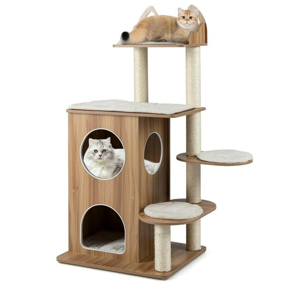Resenkose 48-Inch Durable Wooden Cat Tree with 2-Floor Condo and Soft Washable Cushions for Kitten Comfort, Natural