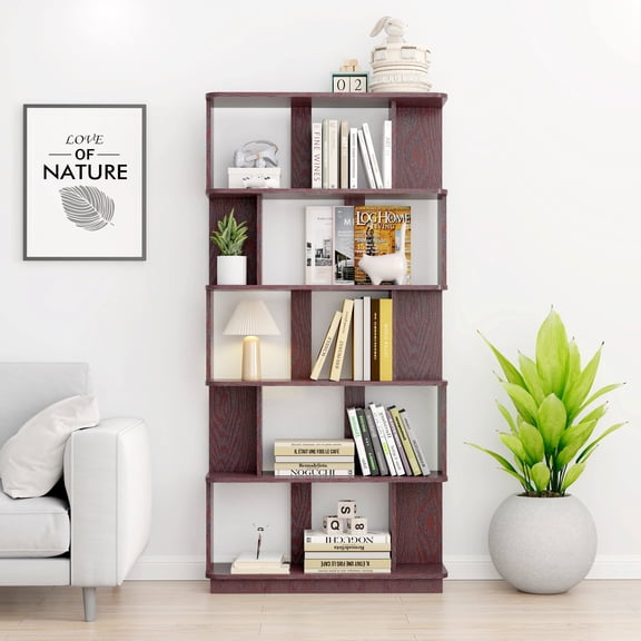 Resenkose 5 Tier Open Shelf Bookcase, 31.5x64.56 Inch MDF Wood Storage Organizer with Reinforced Base, Waterproof and Scratch Resistant Surface for Home Office, Ox Blood Red