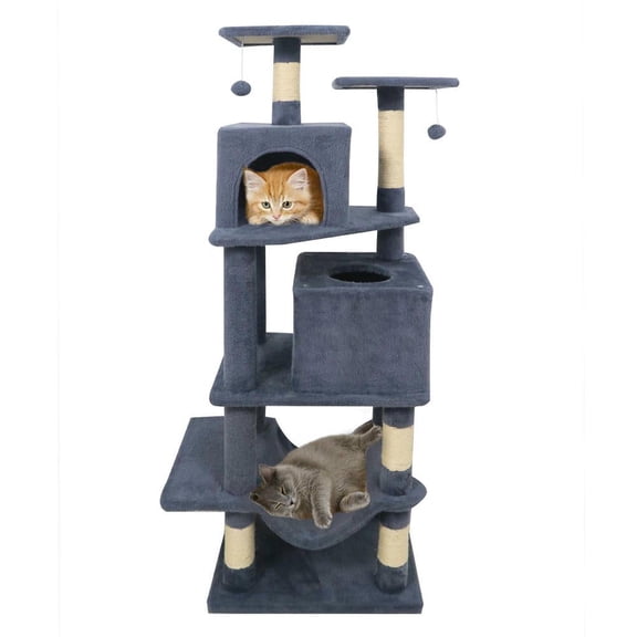 Resenkose 57-Inch Cat Tree with Dual Condos, Comfortable Hammock and 2 Interactive Dangling Balls, Gray