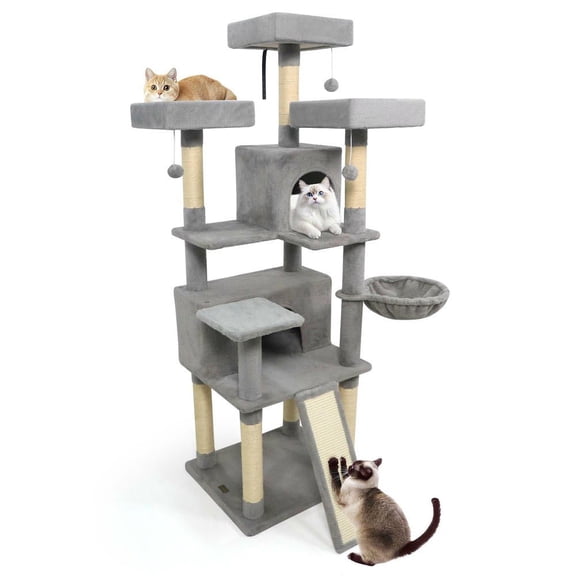 Resenkose 65-Inch Tall Multi-Level Cat Tree with 3 Soft Upholstered Perches and 2 Cozy Cat Condos, Light Gray