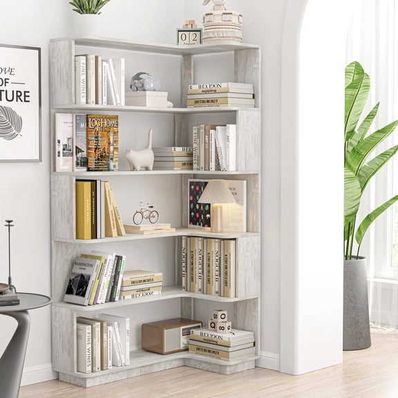 Resenkose 90cm L-Shaped Corner Bookshelf, Freestanding Open Storage Display Cabinet with Anti-Tip and Anti-Drop Features, Waterproof Scratch-Resistant MDF Bookcase for Living Room, Light Gray