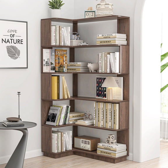 Resenkose 90cm L Shaped Corner Display Shelf, MDF Wood 5 Tier Open Storage Bookcase with Anti Tipping Device, Rounded Corner Furniture for Bedroom, Hallway, Dark Brown