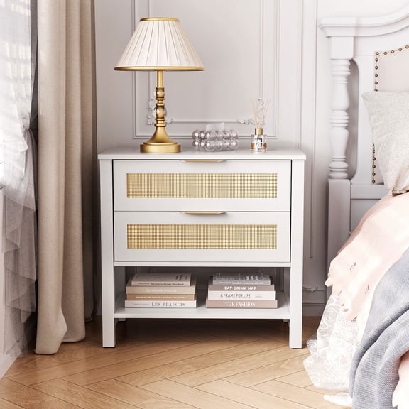 Resenkose Boho Rattan Bedside Cabinet with Dual Drawers and Storage Shelf, Slim Profile Side Table for Bedroom and Small Space, White