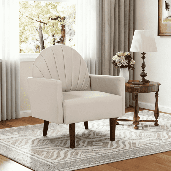 Resenkose Contemporary Shell Shaped PU Leather Armchair, Ergonomic Curved Back Chair with Wood Legs for Living Room, Balcony, Study, Khaki
