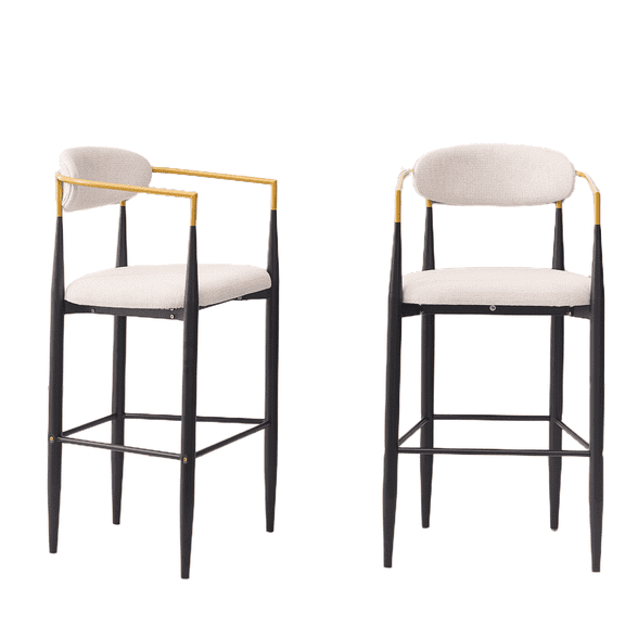 Resenkose Contemporary Upholstered Bar Stools with Gold Accent Armrests Set of 2, 23 Inch Ergonomic Design Dining Stools for Kitchen Island Counter, Beige
