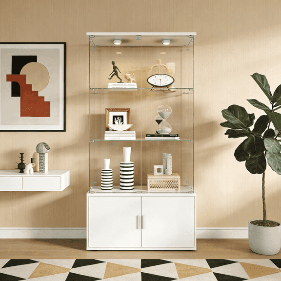 Resenkose Dual-Door 4-Layer Storage Display Cabinet, Remote Control LED Light Wine Cabinet for Living Room and Entertainment Area, White