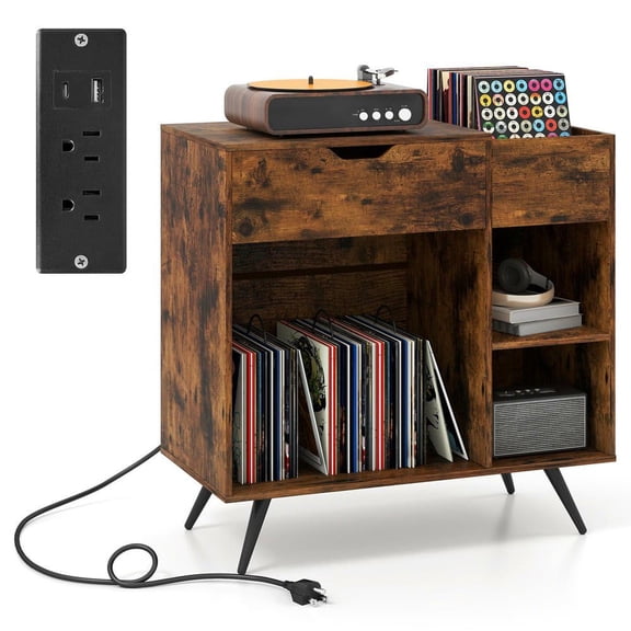Resenkose Functional Record Player Stand with Built-In Power Outlet for Home Audio Equipment, Rustic Brown