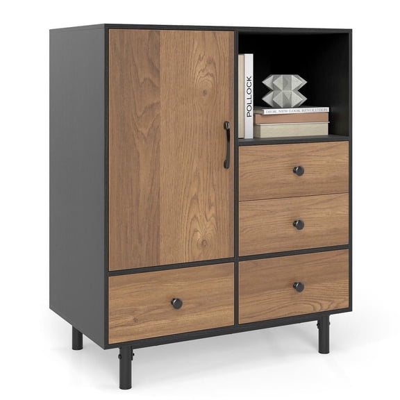 Resenkose Mid-Century Modern Buffet Cabinet with 4 Pull-Out Drawers and Open Display Compartment, Black