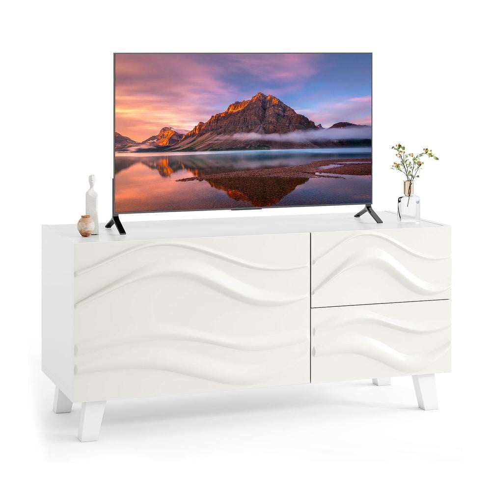 Resenkosee Mid-Century Modern TV Stand with Pull-Out Drawers for 44-Inch TVs Ideal for Small to Medium Spaces, White​