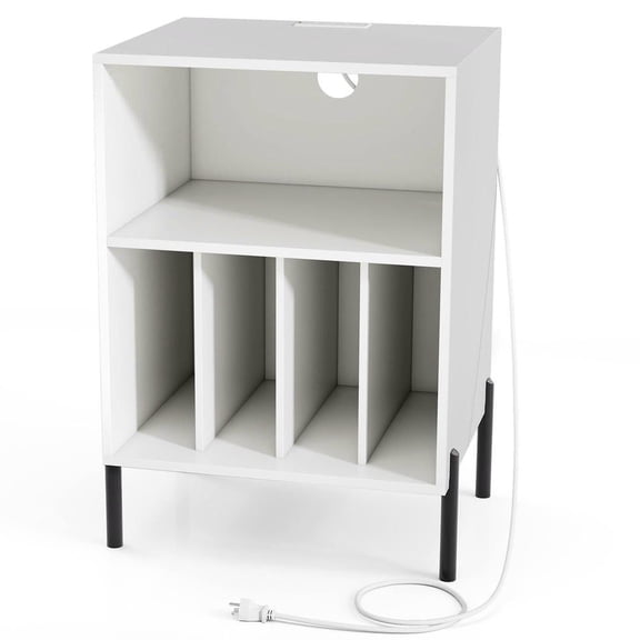 Resenkose Modern Record Player Stand with Record Storage Shelf and Convenient Charging Station, White