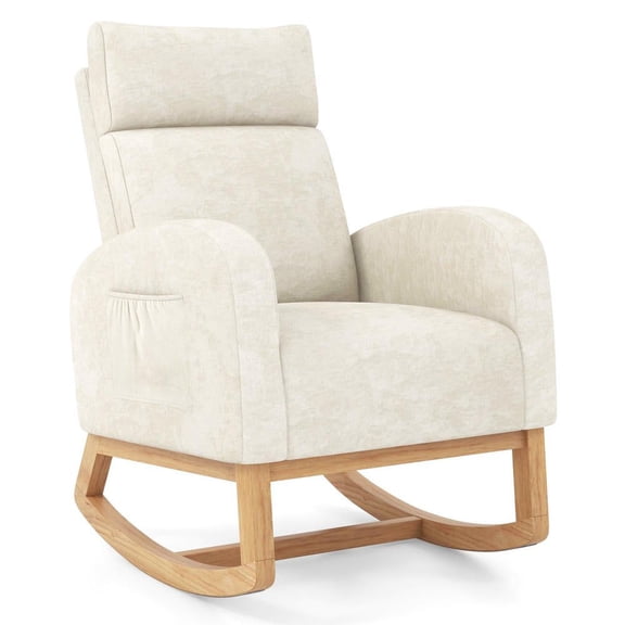 Resenkose Nursery Rocking Chair Upholstered Chenille Rocker Armchair with Durable Natural Rubber Wood Frame, Beige
