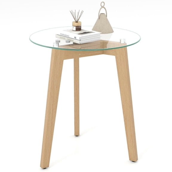 Resenkose Round Tempered Glass End Table with Solid Rubber Wood Structure Single Piece for Modern Homes, Clear