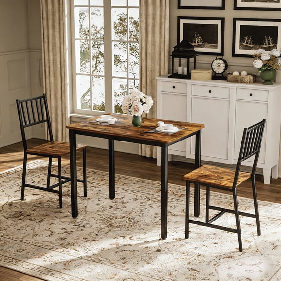 Resenkose Rustic Industrial Dining Table Set, Sturdy Kitchen Table with Benches for Family Dining and Gathering Space, Rustic Brown and Black