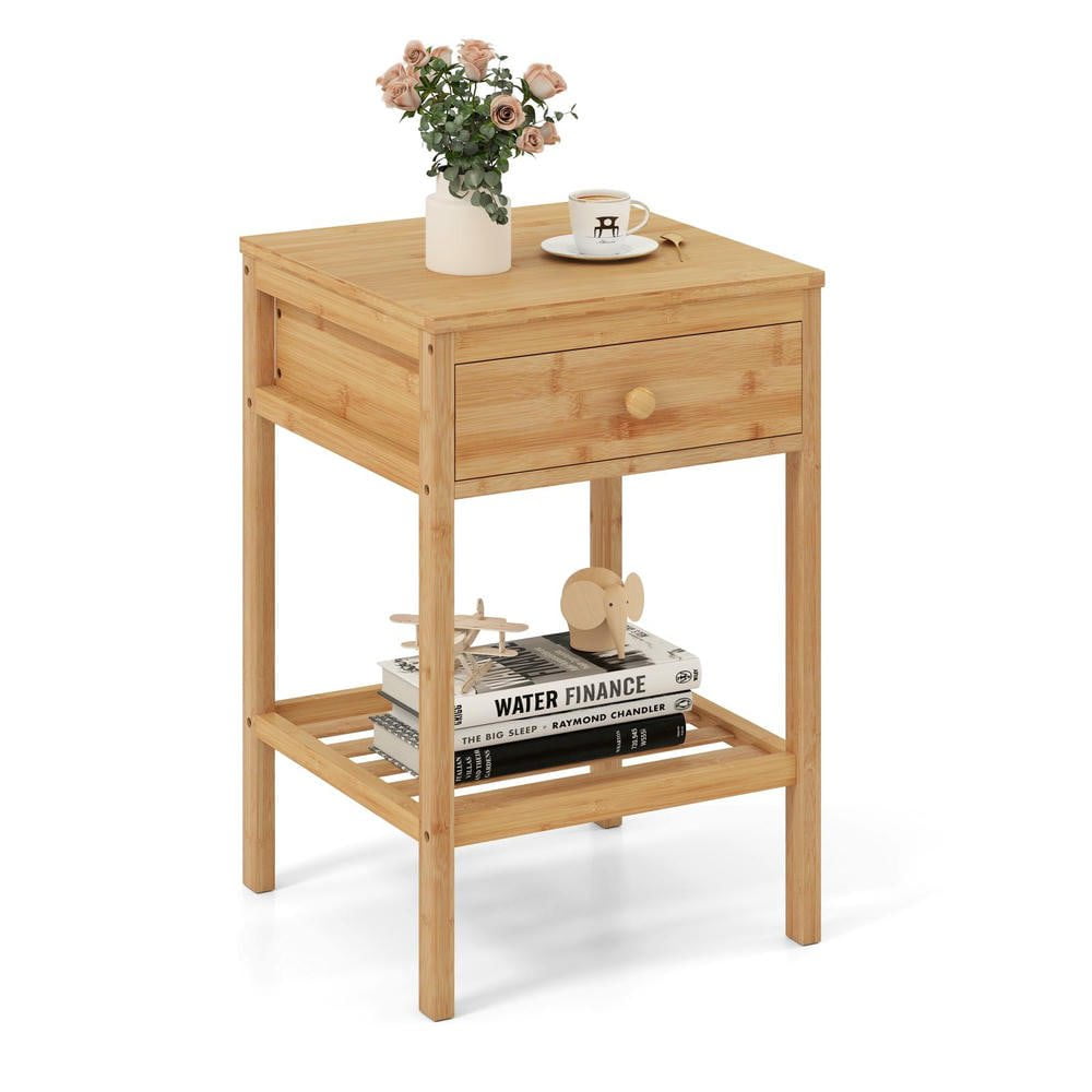 Resenkose Single Bamboo Nightstand with Slide-Out Storage Drawer and Open Display Shelf, Natural