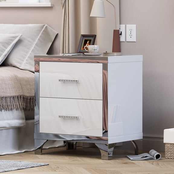 Resenkose Sleek High Gloss Mirrored Nightstand with Storage Drawers, Contemporary Metal Handle Bedside Table, Multi Scene End Table for Bedroom, Living Room, Dorm, White