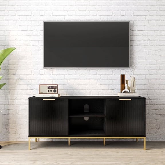 Resenkose Wave Design TV Stand with Golden Legs Handles and Soft Close Hinges, Media Console with Open and Adjustable Shelving for Living Room, Black and Gold