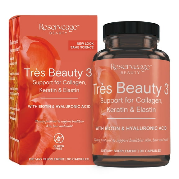 Reserveage Beauty, Tres Beauty 3, Beauty Supplement for Hair Growth, Skin Care and Nail Care, Collagen Supplement with Keratin and Biotin, Gluten Free, 90 Capsules (30 Servings)
