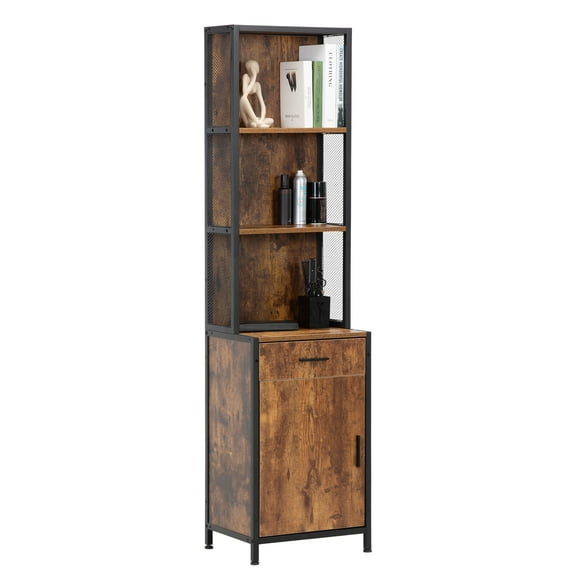 Reshable 5.6Ft Freestanding Storage Cabinet, Tall Corner Cupboard with 3 Open Shelves Drawer Door, Floor Cabinet for Kitchen Bathroom Barber Shop, Rustic Brown