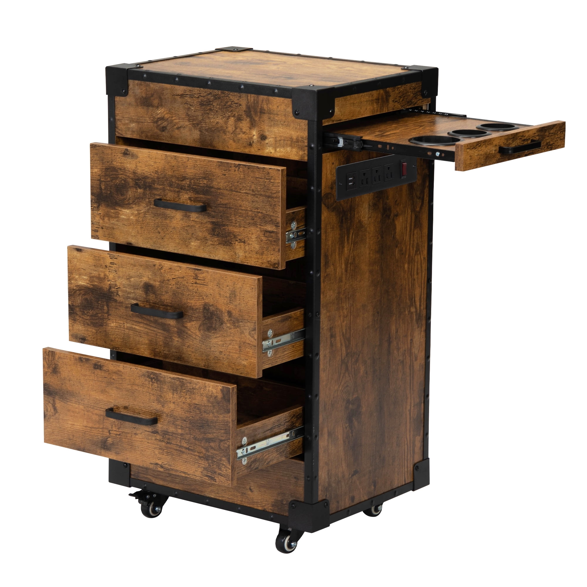 Industrial Brown Rolling Salon Cart with Iron Frame and Drawers