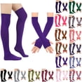 thumbnail image 1 of Resicozy 2 Pcs Striped Socks Women Thigh High Socks Knitted Arm Warmers Set Soft Stretchy Socks Long Striped Leg Warmers for Work Daily Travel Blue & White, 1 of 3