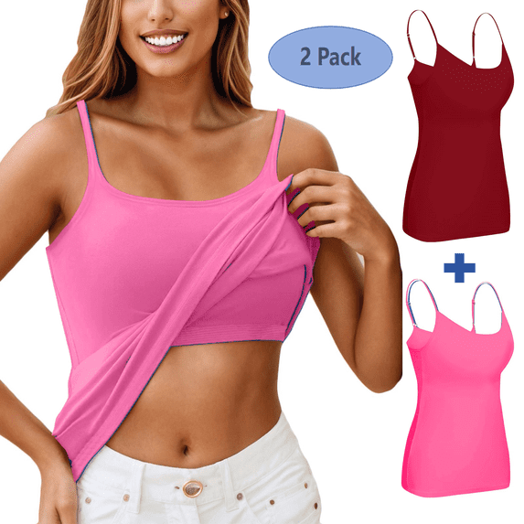 Resicozy 2 Pcs Women's Tank Tops with Built-in Padded Shelf Bra Adjustable Spaghetti Strap Camisole Solid Layering Undershirts Hot Pink*Wine 4XL