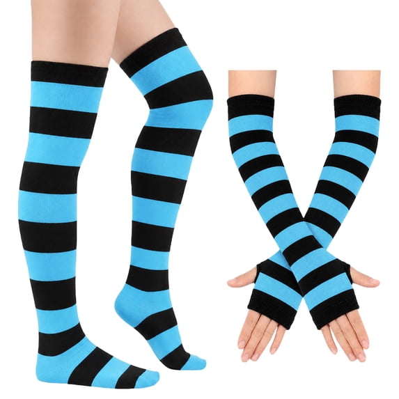 Resicozy 2 Pcs Womens Striped Knee High Socks with Long Knitted Arm Warmers Soft Stretchy Breathable Versatile Style Stockings for Daily Blue & Black