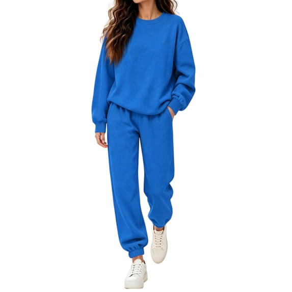 Resicozy 2 Piece Sets for Women 2026 Fall Lounge Sets Outfits Crew Neck Travel Matching Sets Clothing Sweatsuits Blue XL