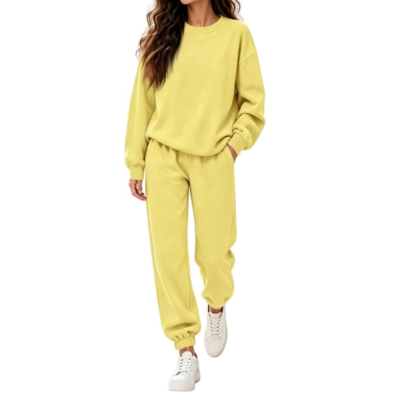 Resicozy 2 Piece Sets for Women 2026 Fall Lounge Sets Outfits Crew Neck Travel Matching Sets Clothing Sweatsuits Yellow 3XL
