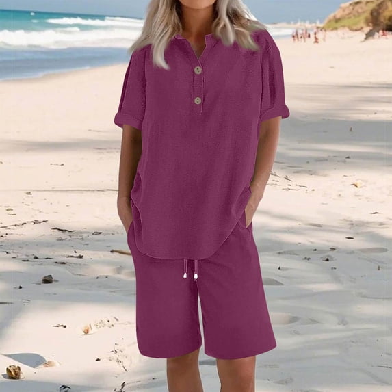 Resicozy 2 Piece Sets for Women Summer Shorts Oversized Short Sleeve and Bermuda Shorts Lounge Sets Matching Outfits Clothing Dark Purple L