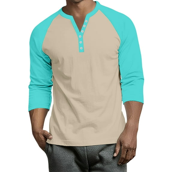Resicozy 2025 Henley Shirts for Men Raglan 3/4 Sleeve Vintage Baseball T-Shirts Fall Casual Loose Fit Sport Athletic Tee Tops Cyan 3XL