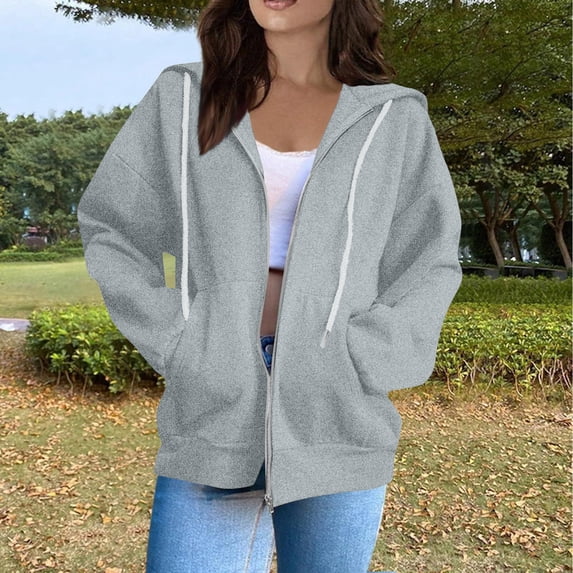 Resicozy 2026 Zip Up Hoodies for Women Fall Winter Casual Sweatshirts Zipper Oversized Lightweight Cute Jackets with Pockets Light Gray L