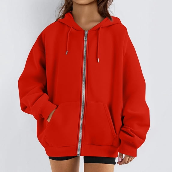 Resicozy 2026 Zip Up Hoodies for Women Fall Winter Casual Sweatshirts Zipper Oversized Lightweight Cute Jackets with Pockets Red 3XL