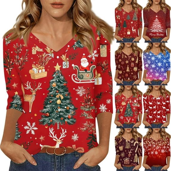 Resicozy 3/4 Length Sleeve Christmas Shirt for Womens Plus Size Funny Pullover Casual V-Neck Xmas Printed Tee 2026 Blouses Wine M