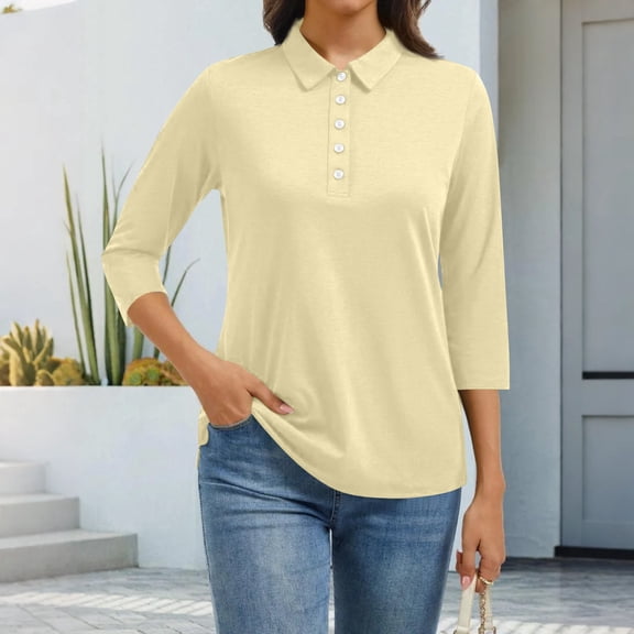 Resicozy 3/4 Length Sleeve Shirt for Womens Dressy Casual Button Neck Polo Shirts Solid Color Work Blouses 2025 Trendy Tunic Top Beige 3XL
