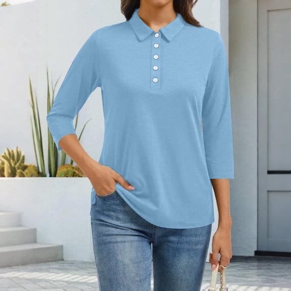 Resicozy 3/4 Length Sleeve Shirt for Womens Dressy Casual Button Neck Polo Shirts Solid Color Work Blouses 2025 Trendy Tunic Tops Sky Blue 3XL
